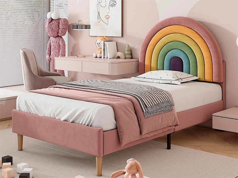 Bett mit verstellbarem Kopfteil – 90 x 200 cm – Samt – Lattenrost – Farbe Rosa