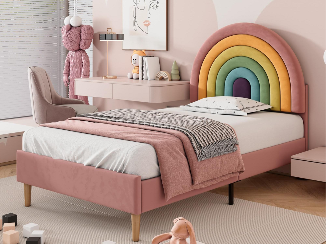 Cama con cabecero ajustable - 90 x 200 cm - terciopelo - somier de láminas - color rosa
