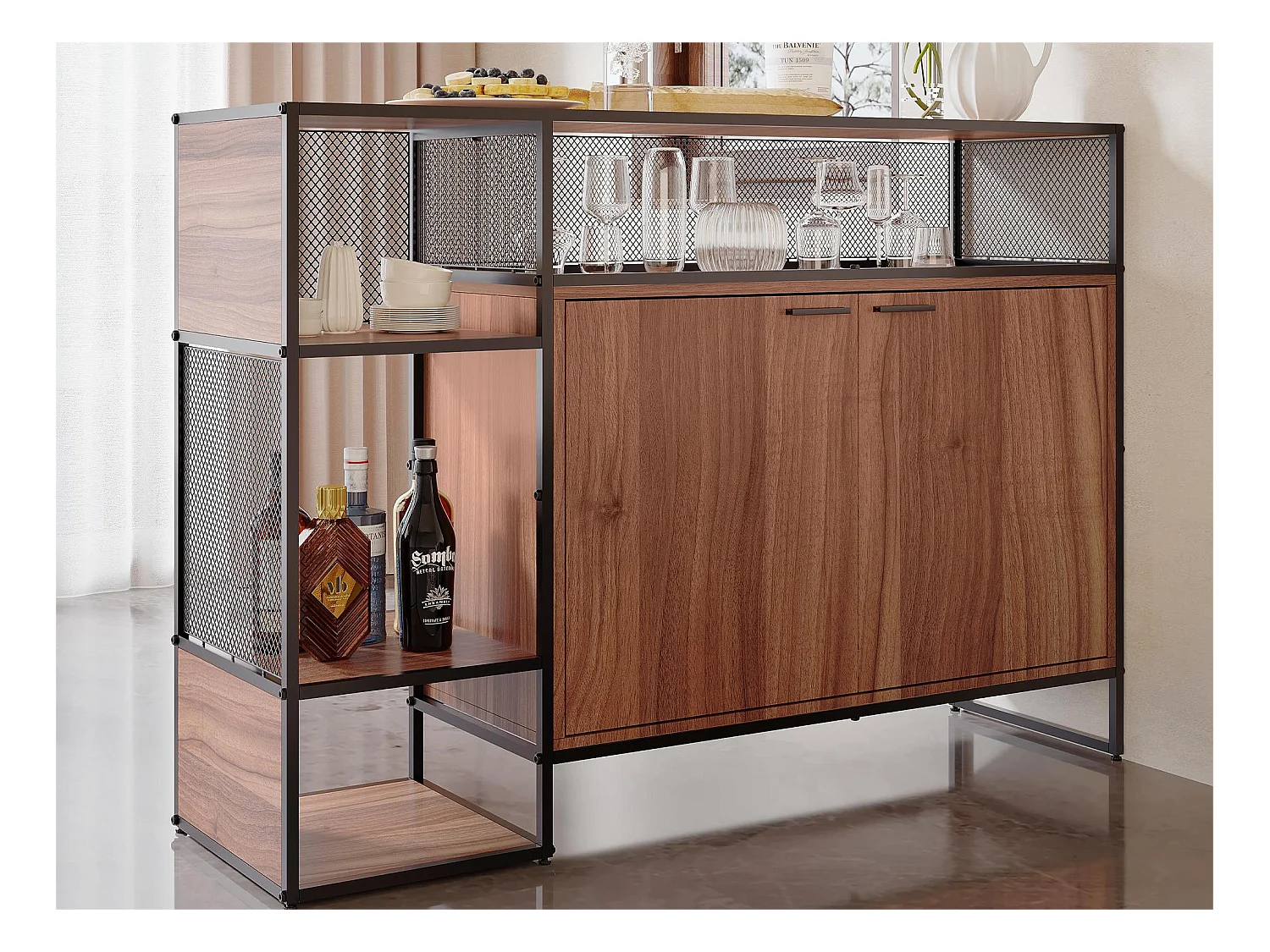 Meuble de bar, buffet bas - 2 portes et 4 niches - MDF - style industriel - coloris: marron et noir