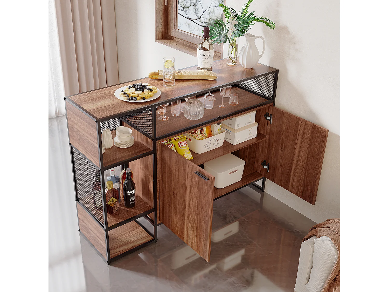 Meuble de bar, buffet bas - 2 portes et 4 niches - MDF - style industriel - coloris: marron et noir