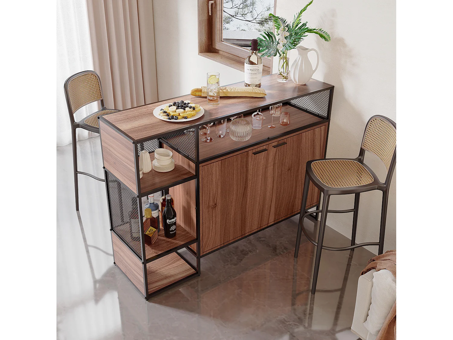 Meuble de bar, buffet bas - 2 portes et 4 niches - MDF - style industriel - coloris: marron et noir
