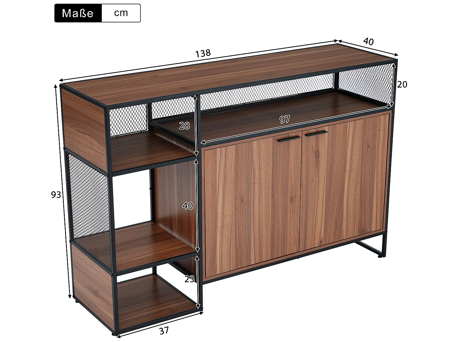 Meuble de bar, buffet bas - 2 portes et 4 niches - MDF - style industriel - coloris: marron et noir