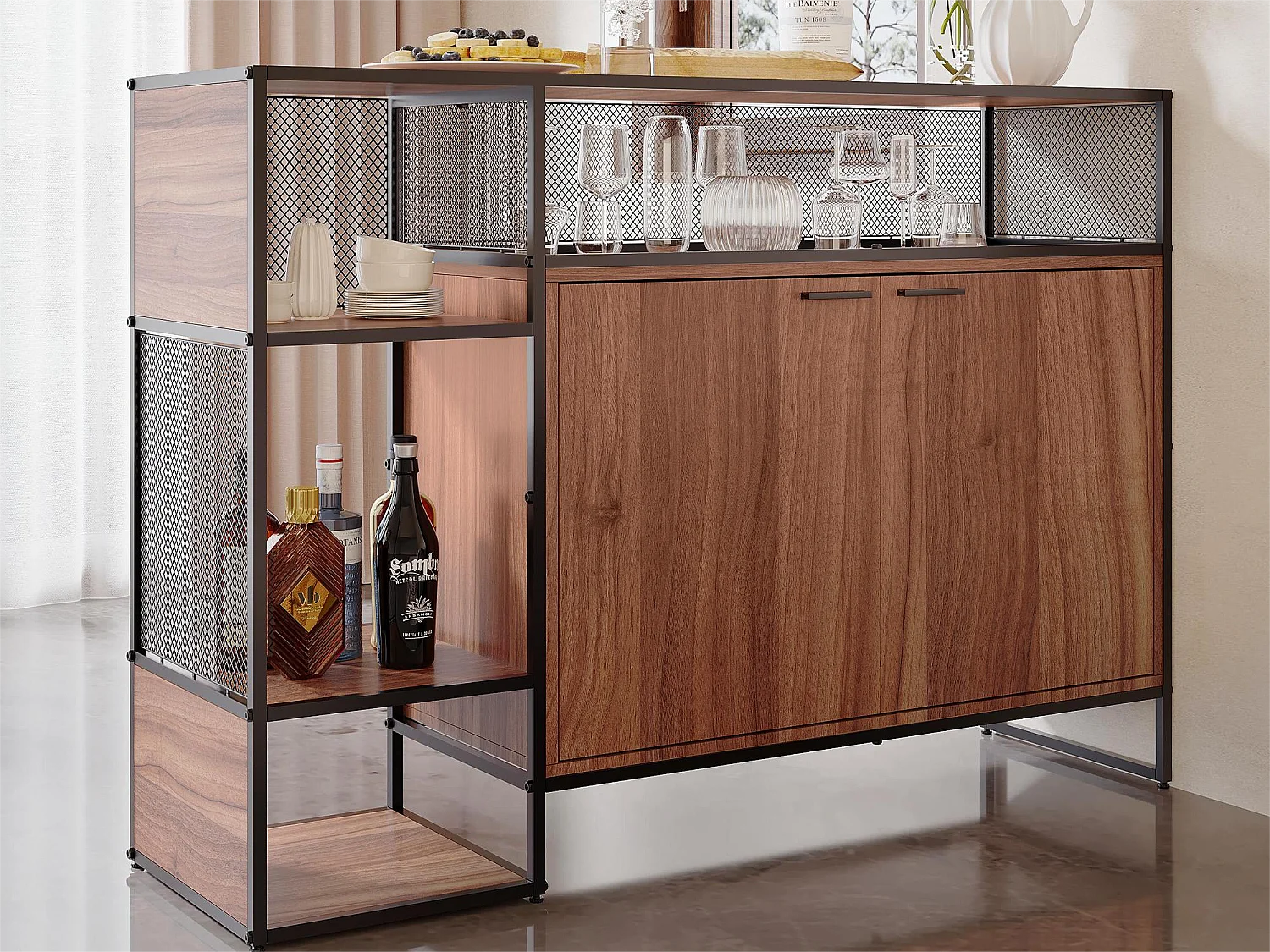Meuble de bar, buffet bas - 2 portes et 4 niches - MDF - style industriel - coloris: marron et noir