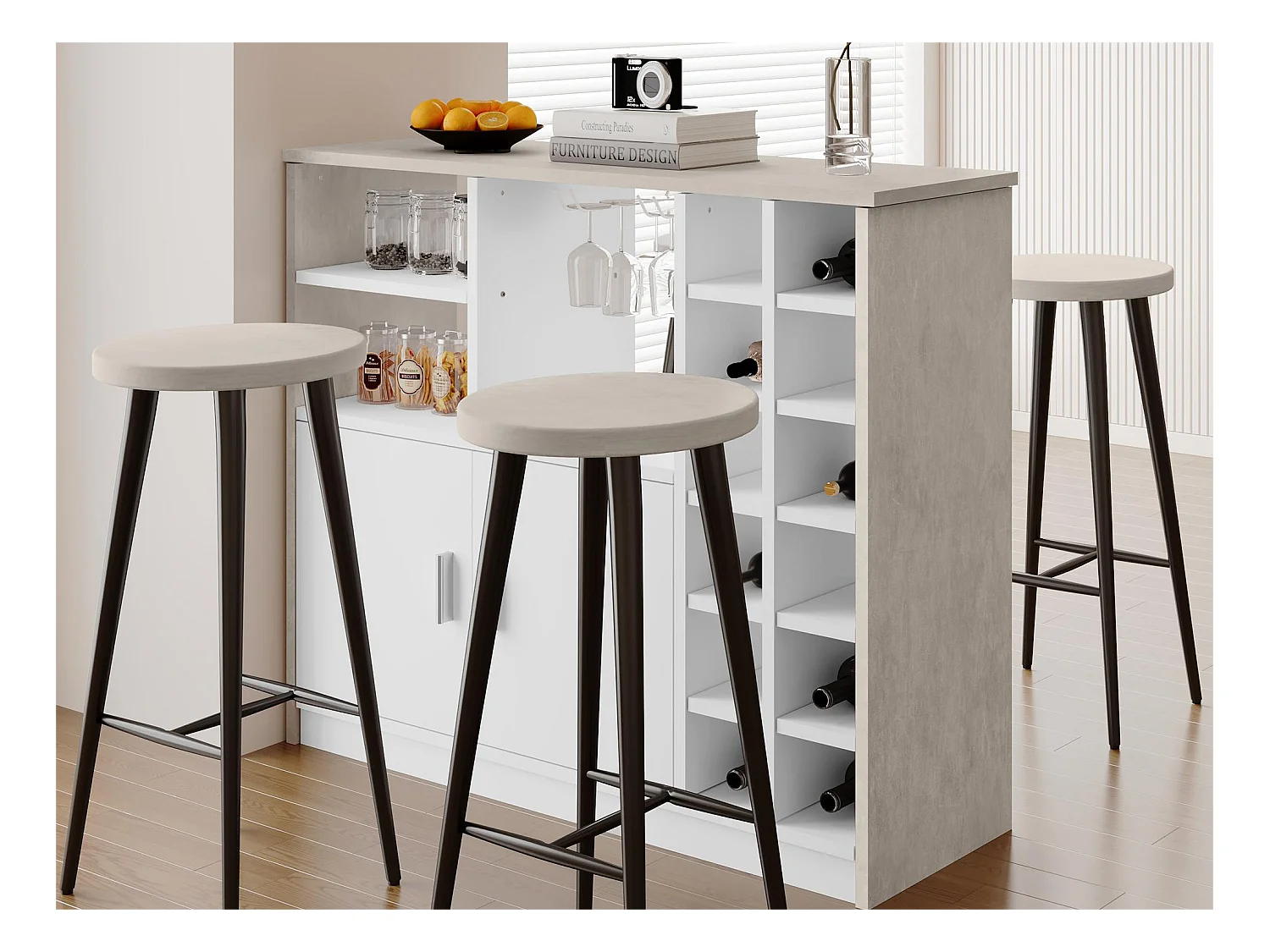 Meuble de bar, buffet bas avec rangement - MDF - style contemporain - coloris: gris et blanc