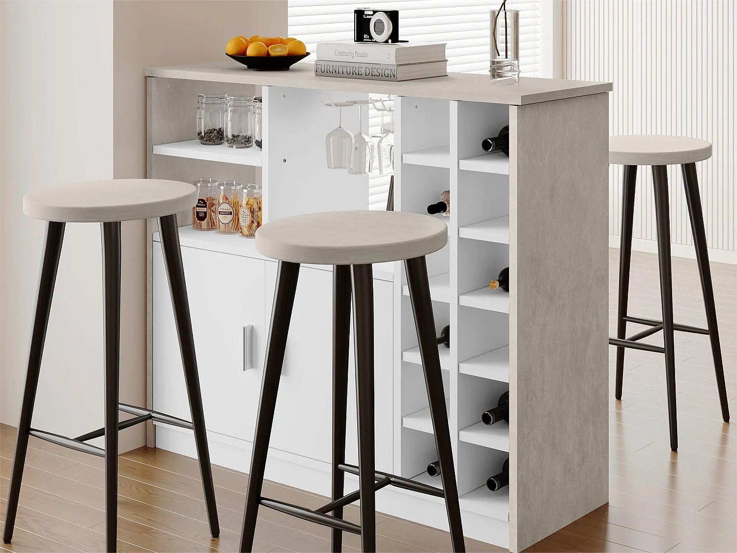 Meuble de bar, buffet bas avec rangement - MDF - style contemporain - coloris: gris et blanc