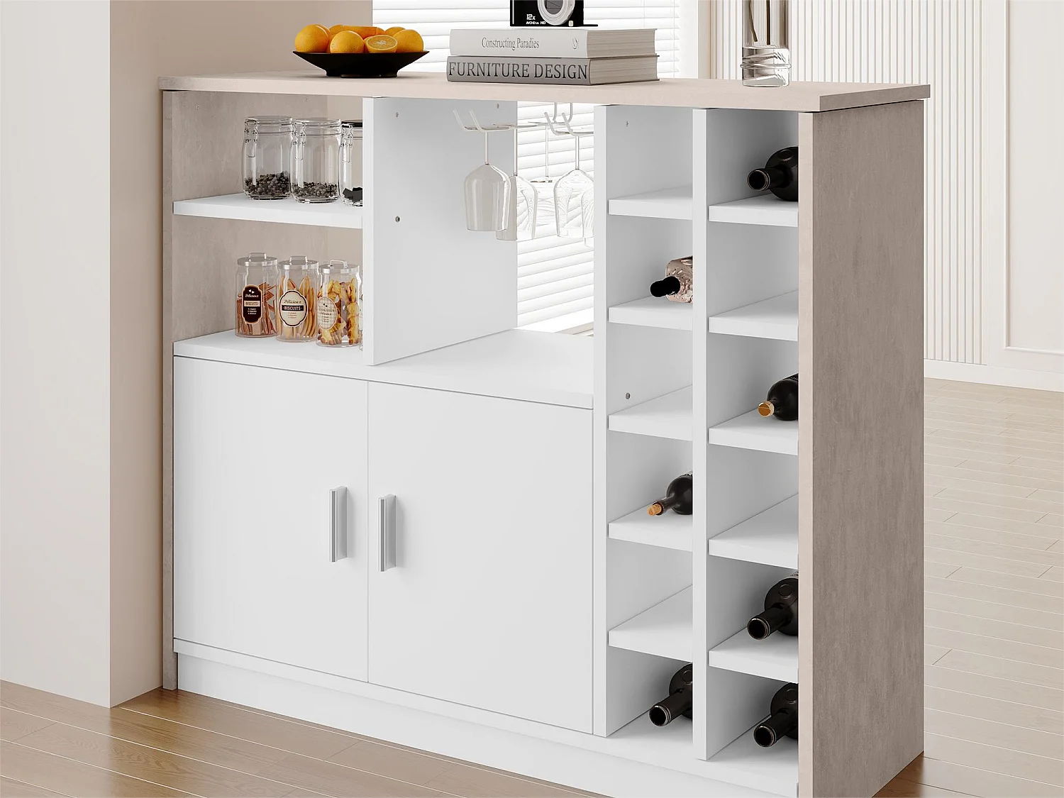 Meuble de bar, buffet bas avec rangement - MDF - style contemporain - coloris: gris et blanc