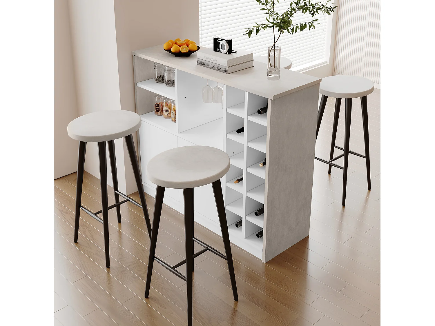 Meuble de bar, buffet bas avec rangement - MDF - style contemporain - coloris: gris et blanc