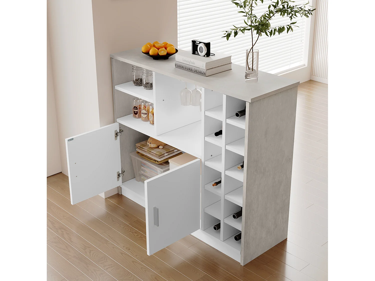 Meuble de bar, buffet bas avec rangement - MDF - style contemporain - coloris: gris et blanc