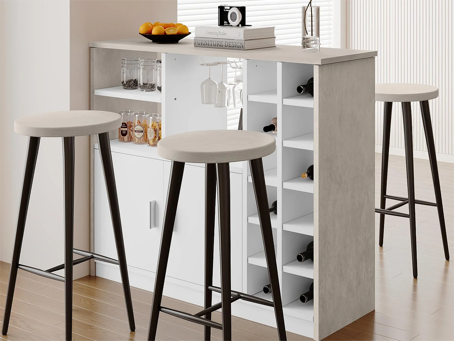 Meuble de bar, buffet bas avec rangement - MDF - style contemporain - coloris: gris et blanc