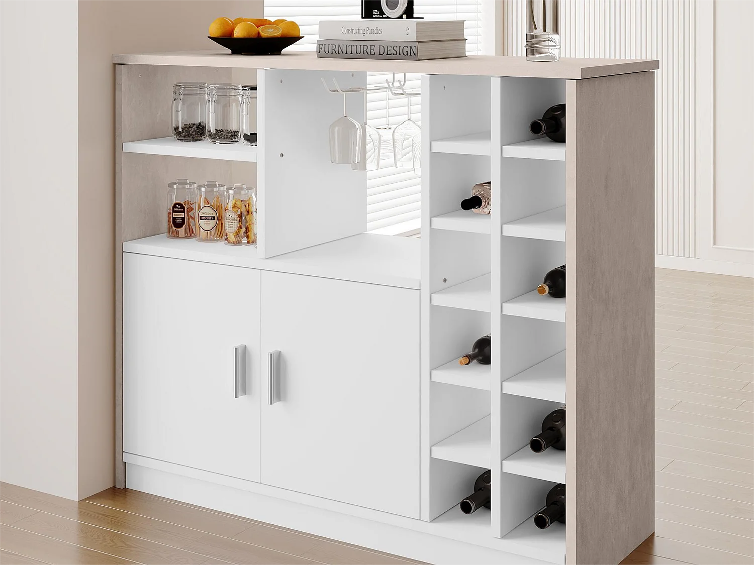 Meuble de bar, buffet bas avec rangement - MDF - style contemporain - coloris: gris et blanc