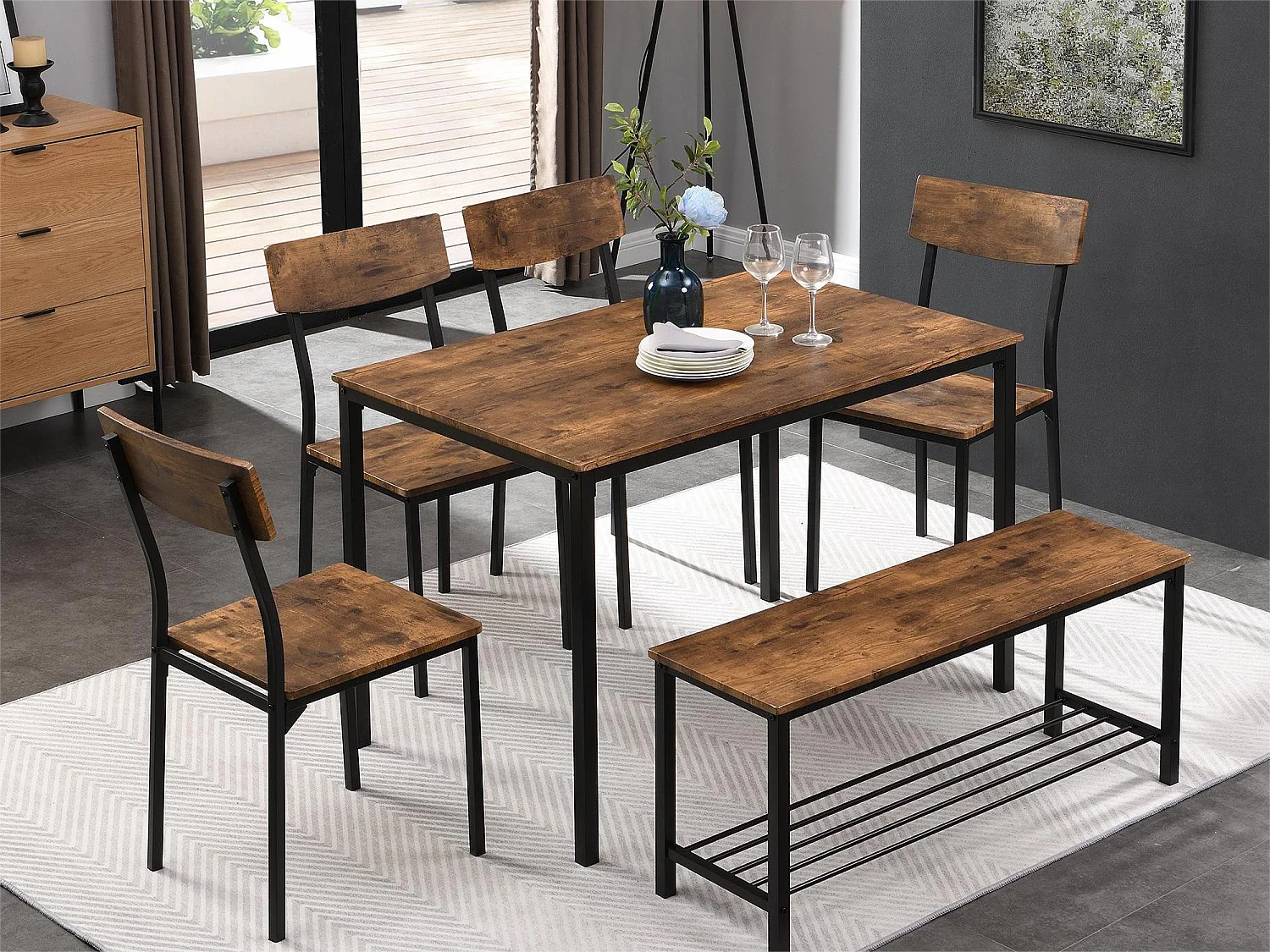 Tisch + 4 Stühle + Bankgarnitur - MDF und Metall - Industriestil - Braun