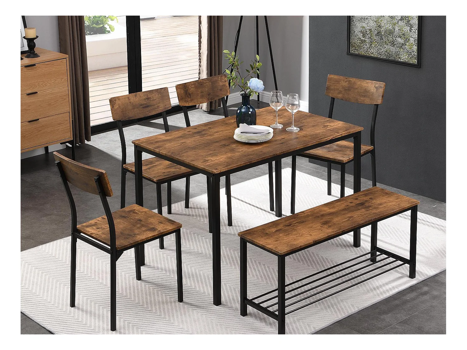 Ensemble table + 4 chaises + banc - MDF et métal - style industriel - marron