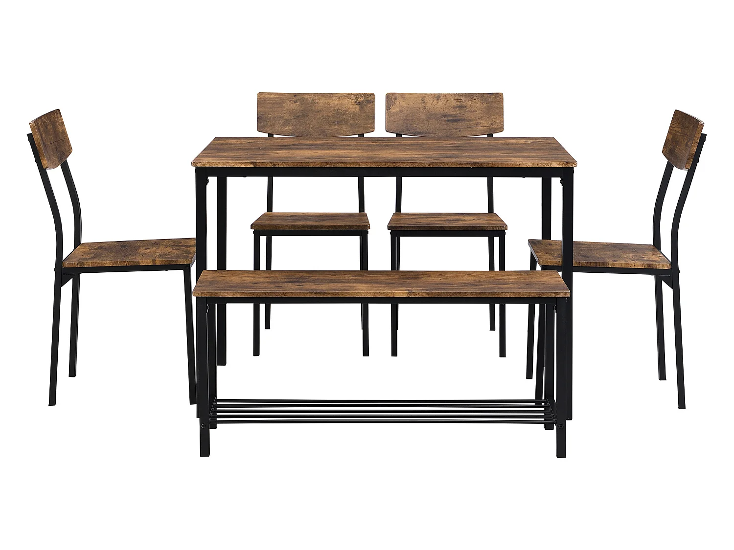 Ensemble table + 4 chaises + banc - MDF et métal - style industriel - marron