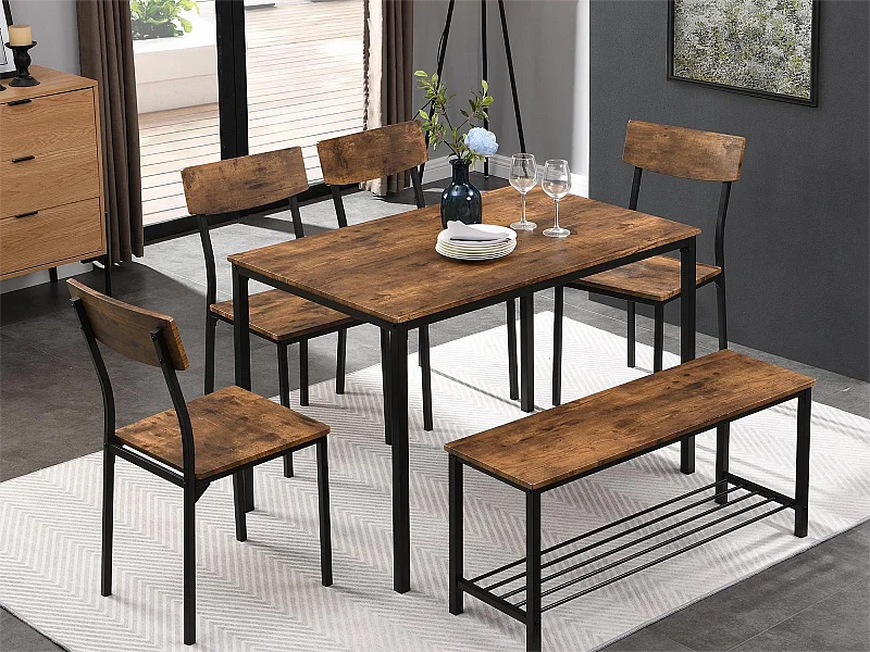Ensemble table + 4 chaises + banc - MDF et métal - style industriel - marron