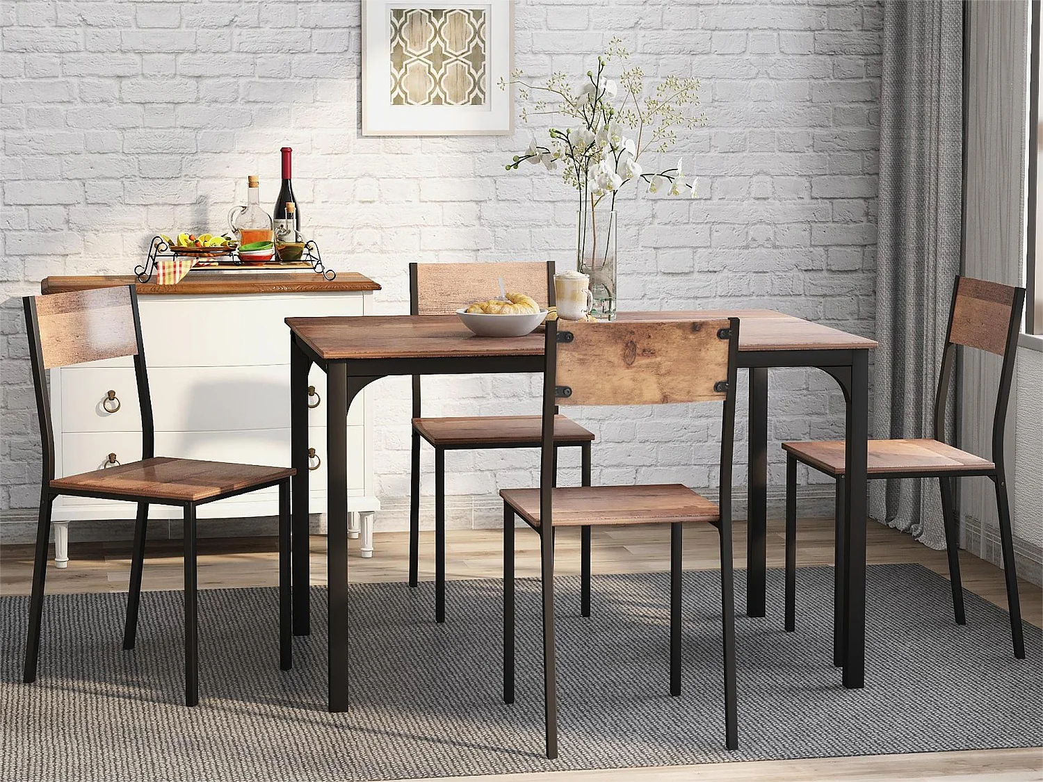 Ensemble table + 4 chaises - MDF et métal - style industriel - coloris: marron et noir