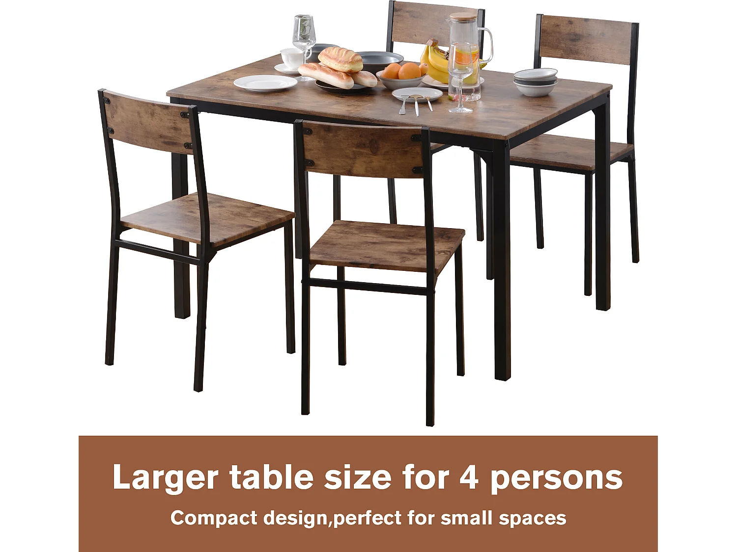 Ensemble table + 4 chaises - MDF et métal - style industriel - coloris: marron et noir