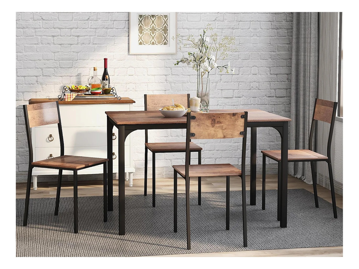 Set tafel + 4 stoelen - MDF en metaal - industriële stijl - kleuren: bruin en zwart