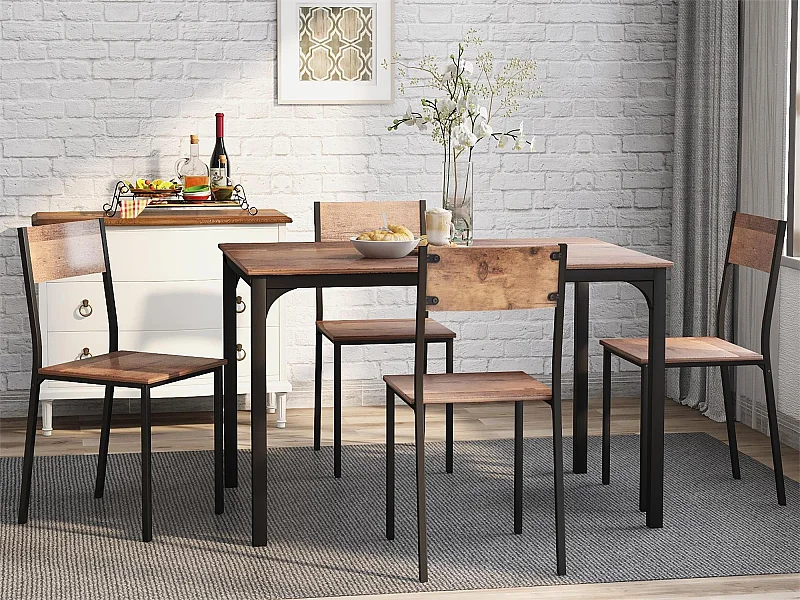 Ensemble table + 4 chaises - MDF et métal - style industriel - coloris: marron et noir