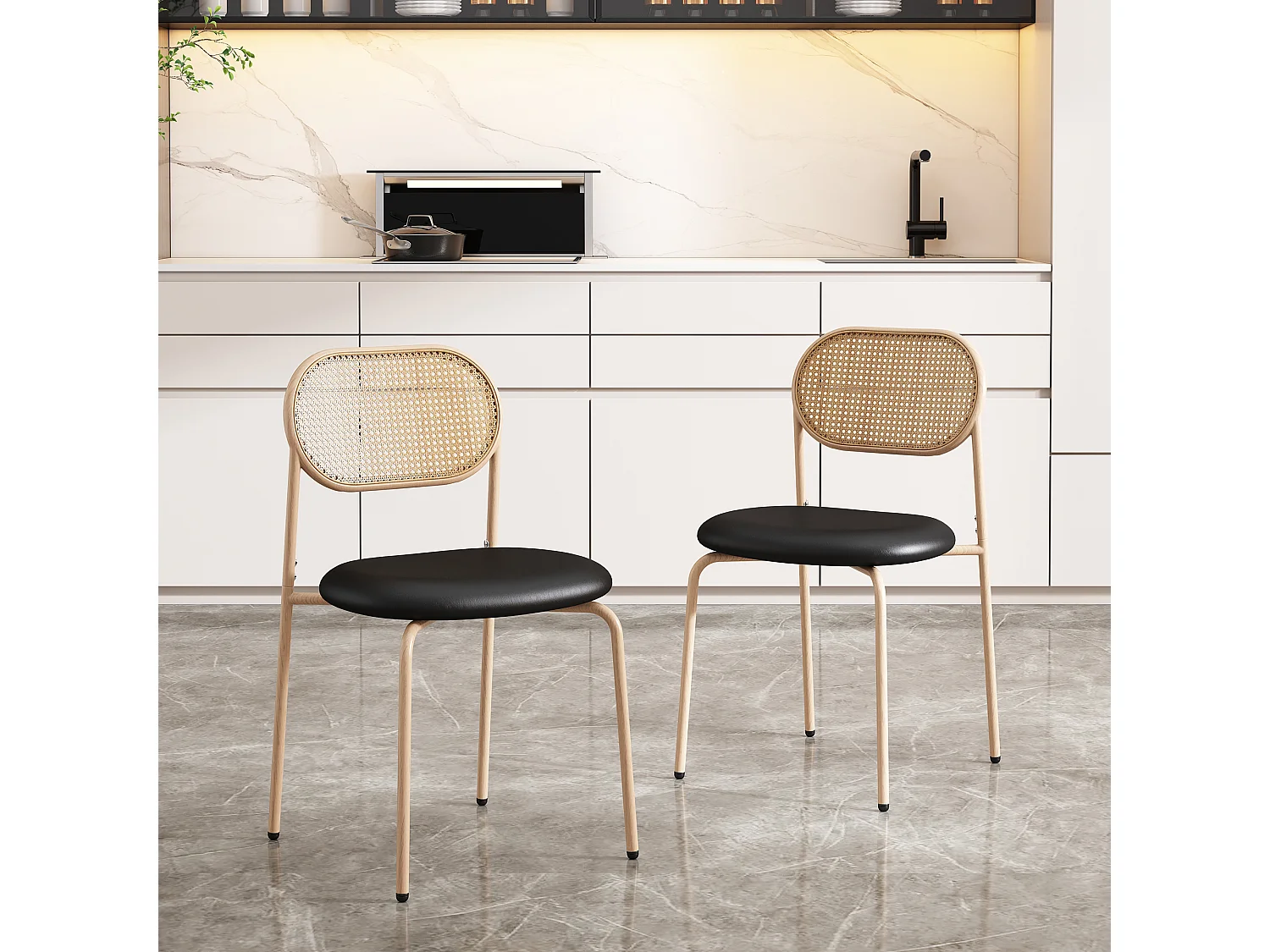 Set van 2 stoelen - pu lederen zitting - houten poten - kleur naturel en zwart