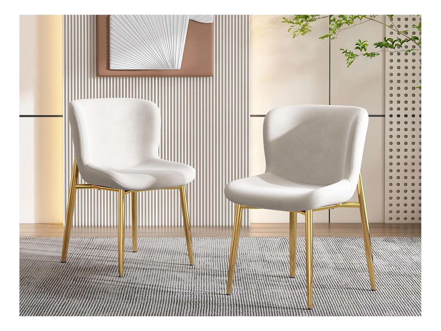 Lot de 2 chaises - velours - pieds en métal doré - beige