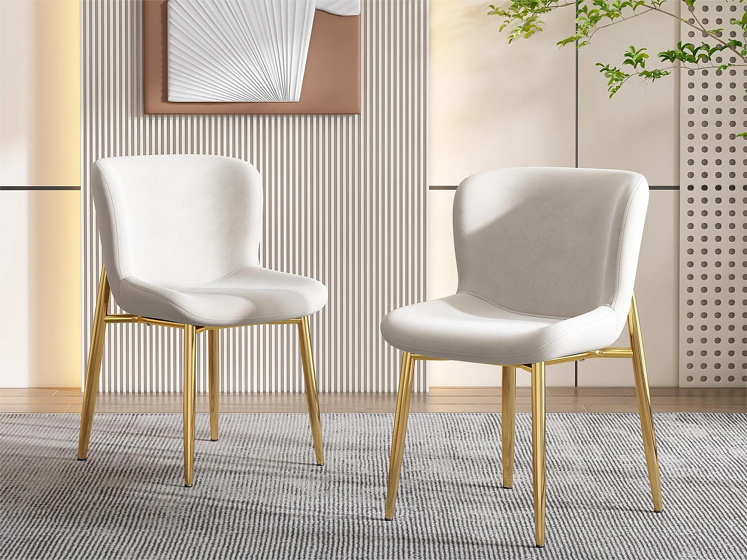 Lot de 2 chaises - velours - pieds en métal doré - beige