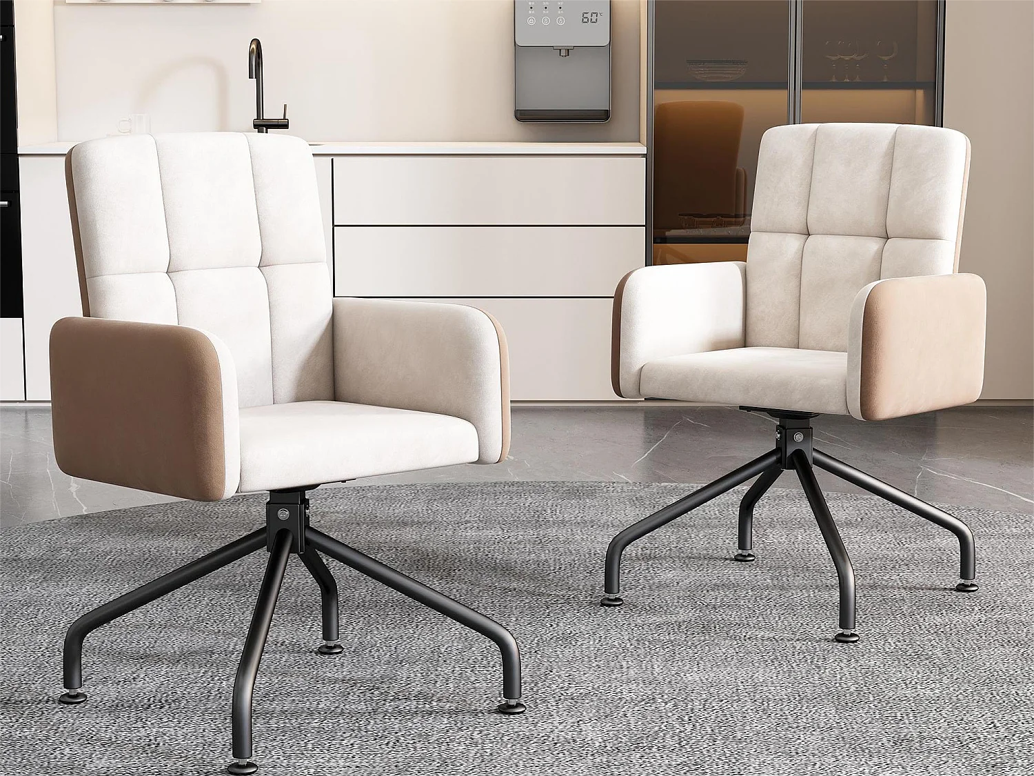 Lot de 2 chaises pivotantes - velours - avec accoudoir - coloris: beige et noir