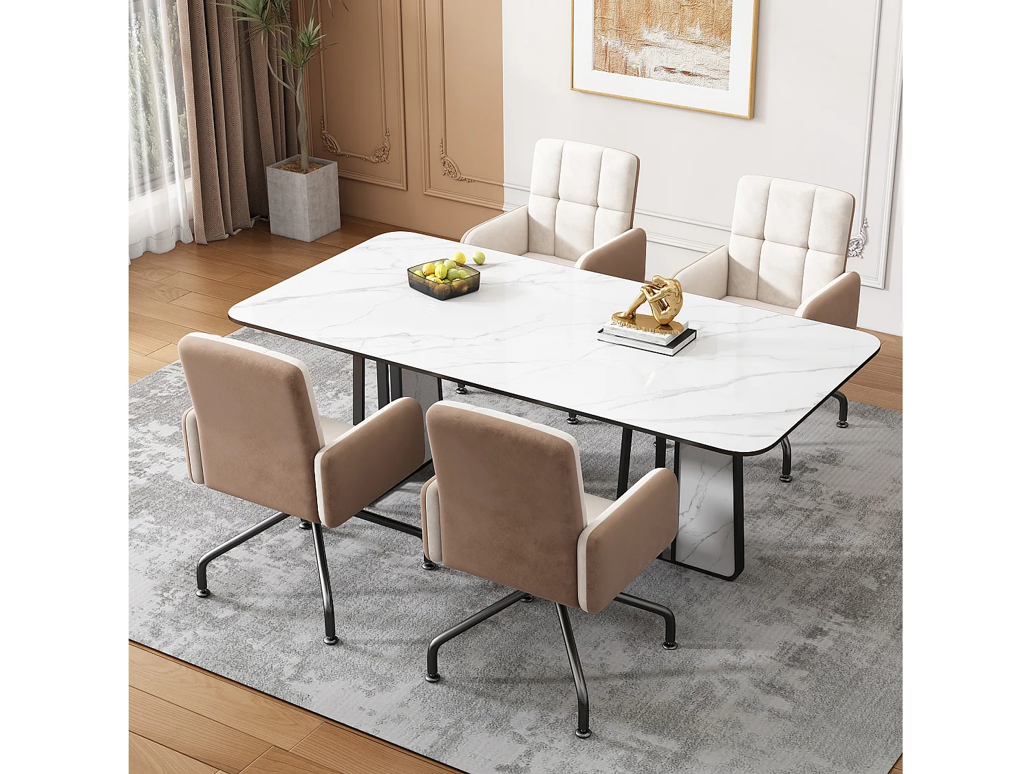 Lot de 2 chaises pivotantes - velours - avec accoudoir - coloris: beige et noir