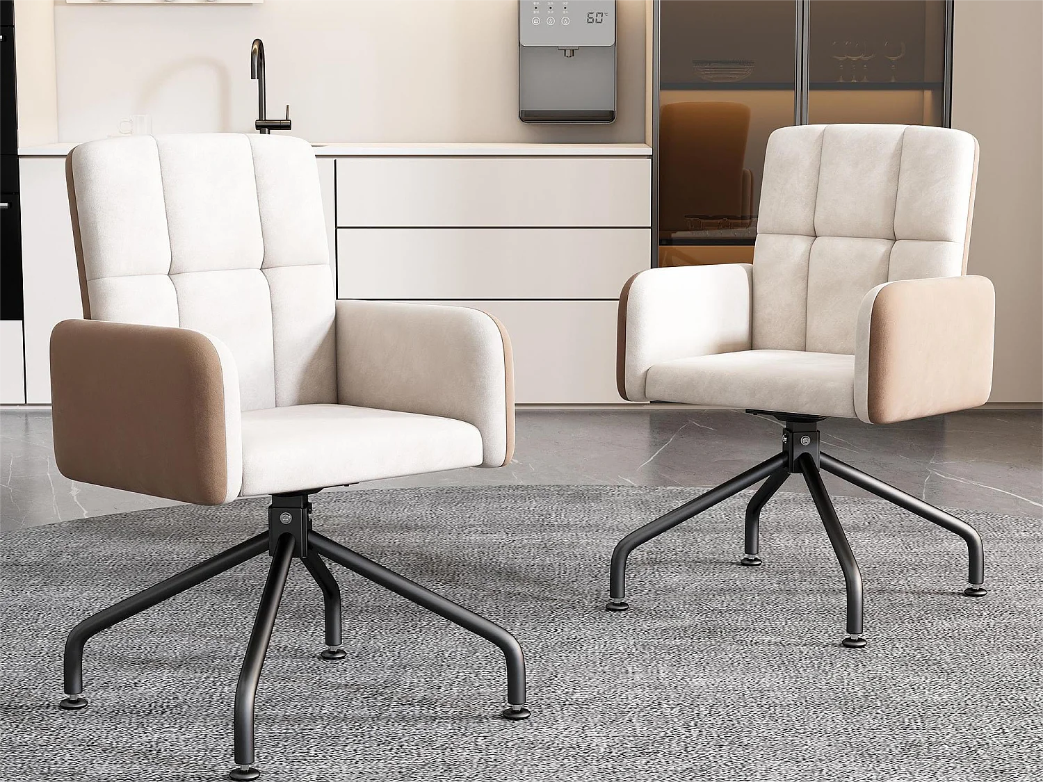 Lot de 2 chaises pivotantes - velours - avec accoudoir - coloris: beige et noir