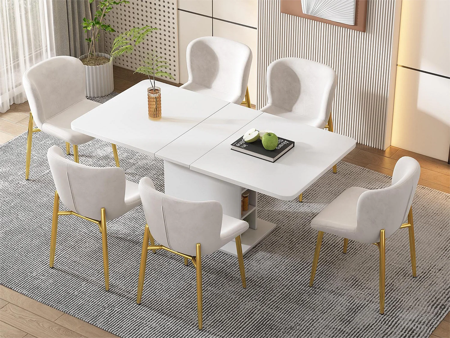 Lot de 6 chaises - velours - pieds en métal doré - beige