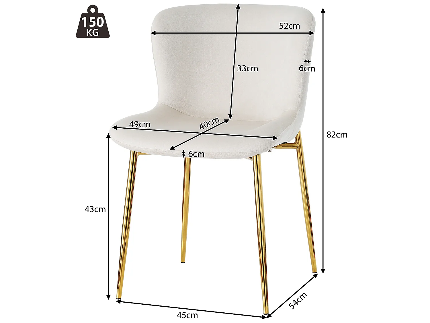 Lot de 6 chaises - velours - pieds en métal doré - beige