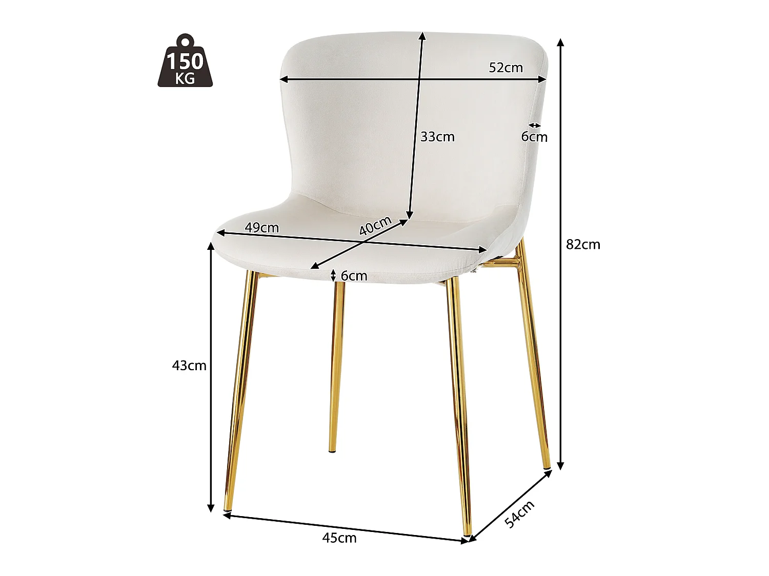 Lot de 6 chaises - velours - pieds en métal doré - beige