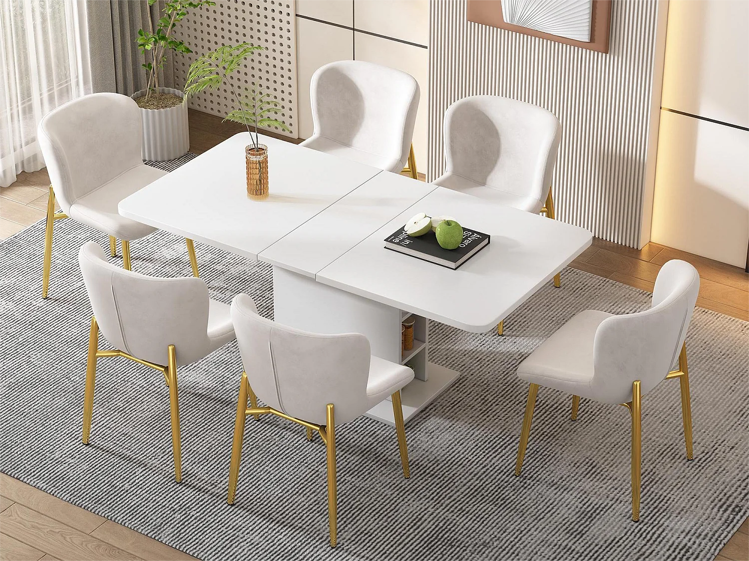 Lot de 6 chaises - velours - pieds en métal doré - beige