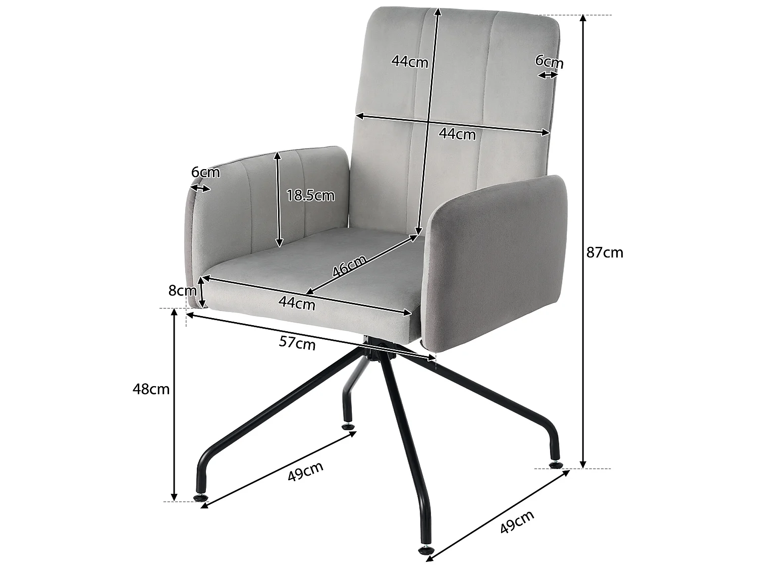 Conjunto de 2 cadeiras giratórias - veludo - com apoio de braço - cores: cinza e preto
