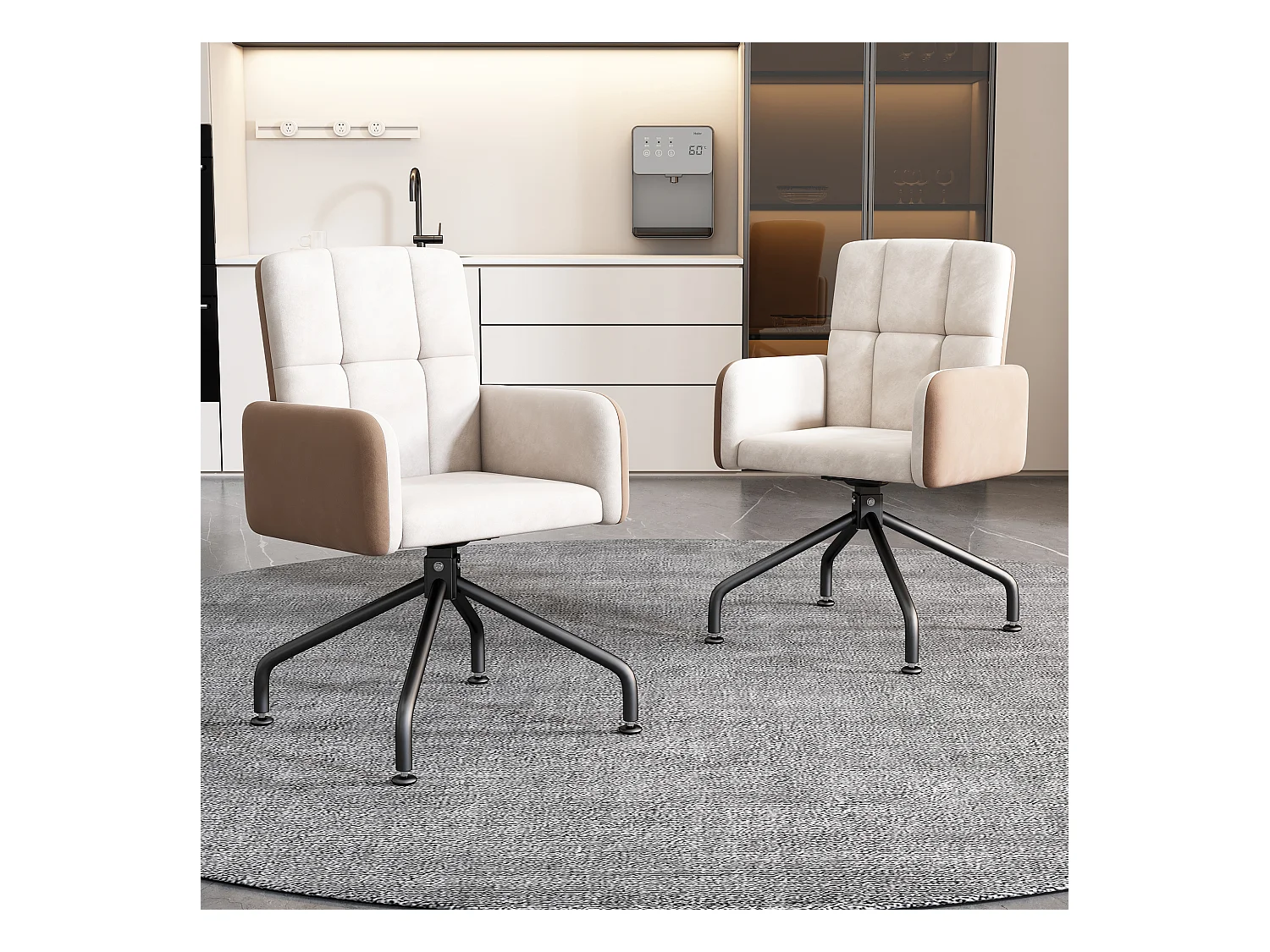 Chaises pivotantes - velours - avec accoudoir - pour salle à manger et cuisine - beige