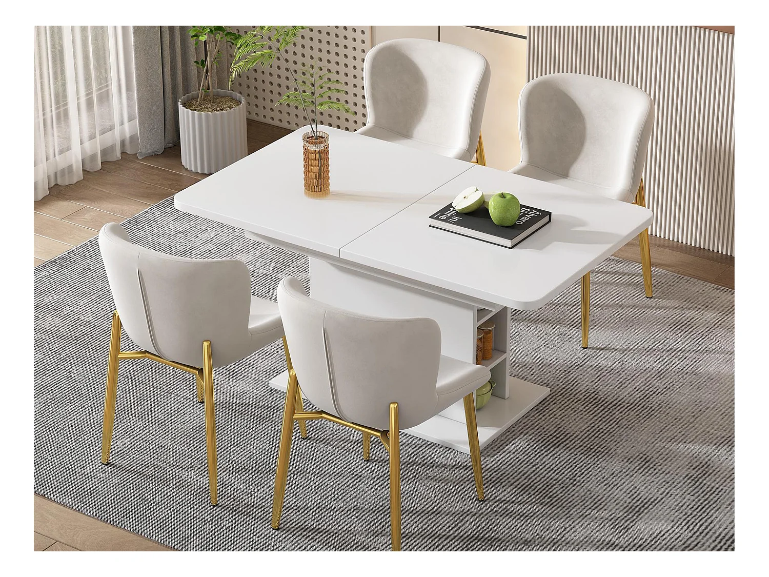 Lot de 4 chaises - velours - pieds en métal doré - beige