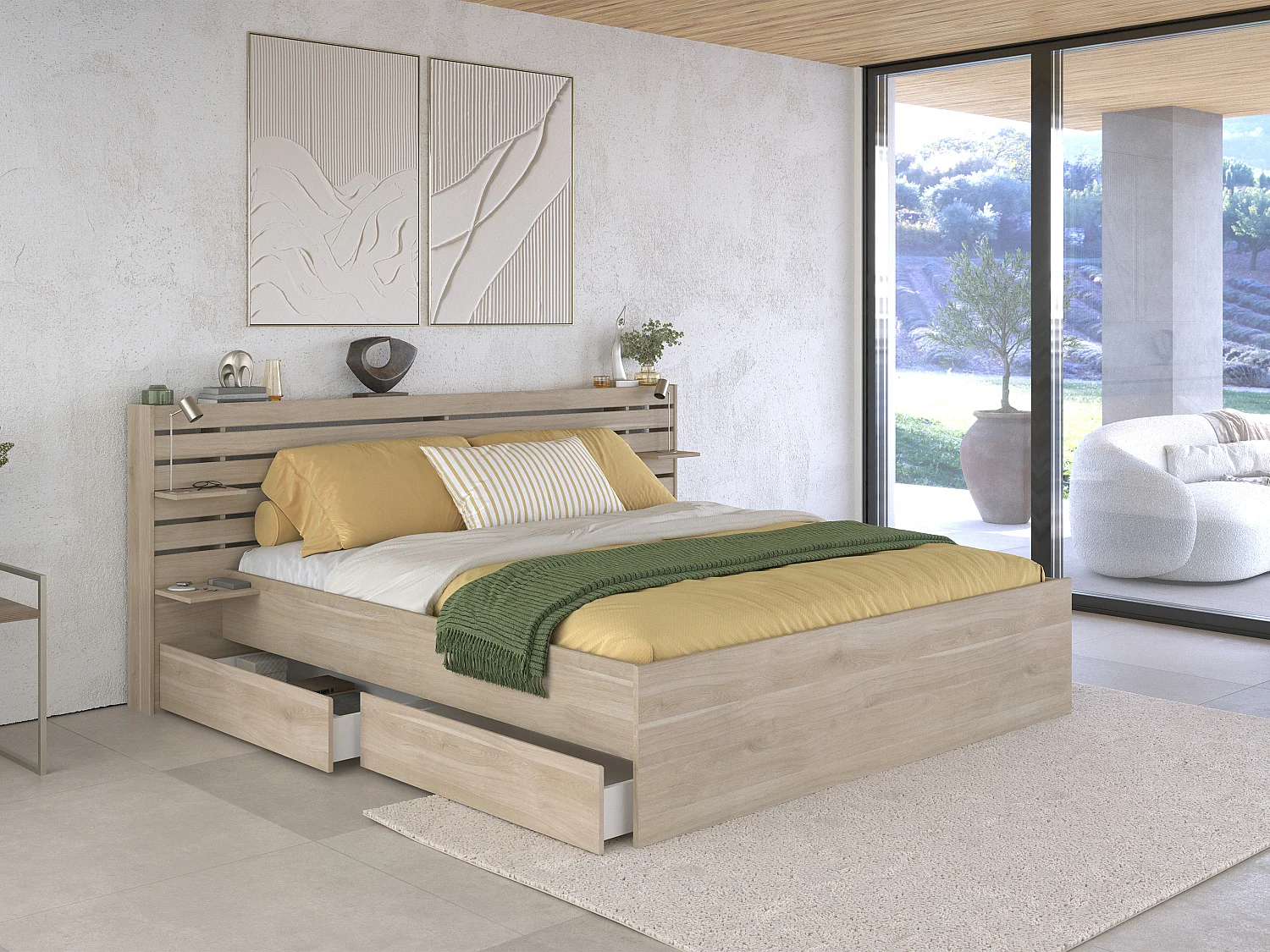 Lit 180 x 200 cm avec rangements - Coloris : Naturel - TENALIA