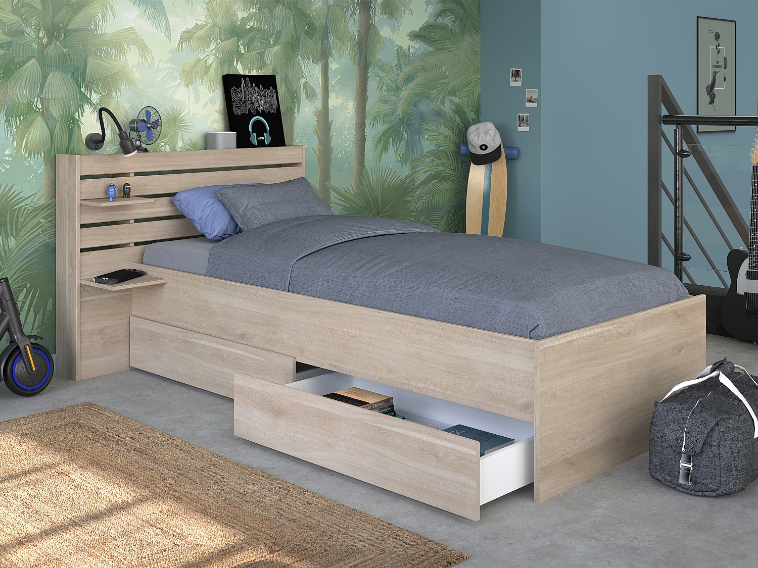 Säng 90 x 90 x 190/200 cm med förvaringsutrymme - Färg: Natur - TENALIA