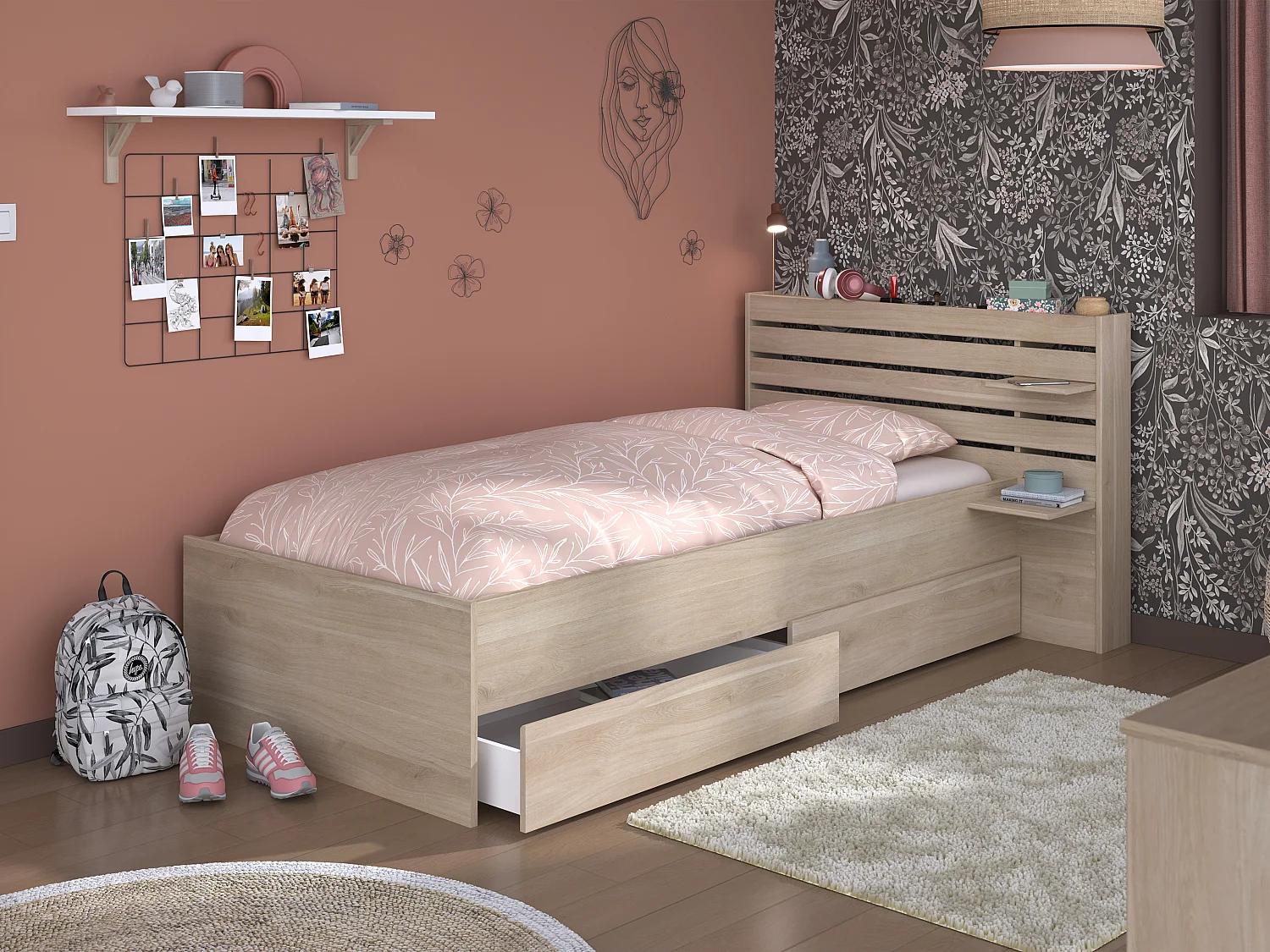 Lit 90 x 190/200 cm avec rangements - Coloris : Naturel - TENALIA