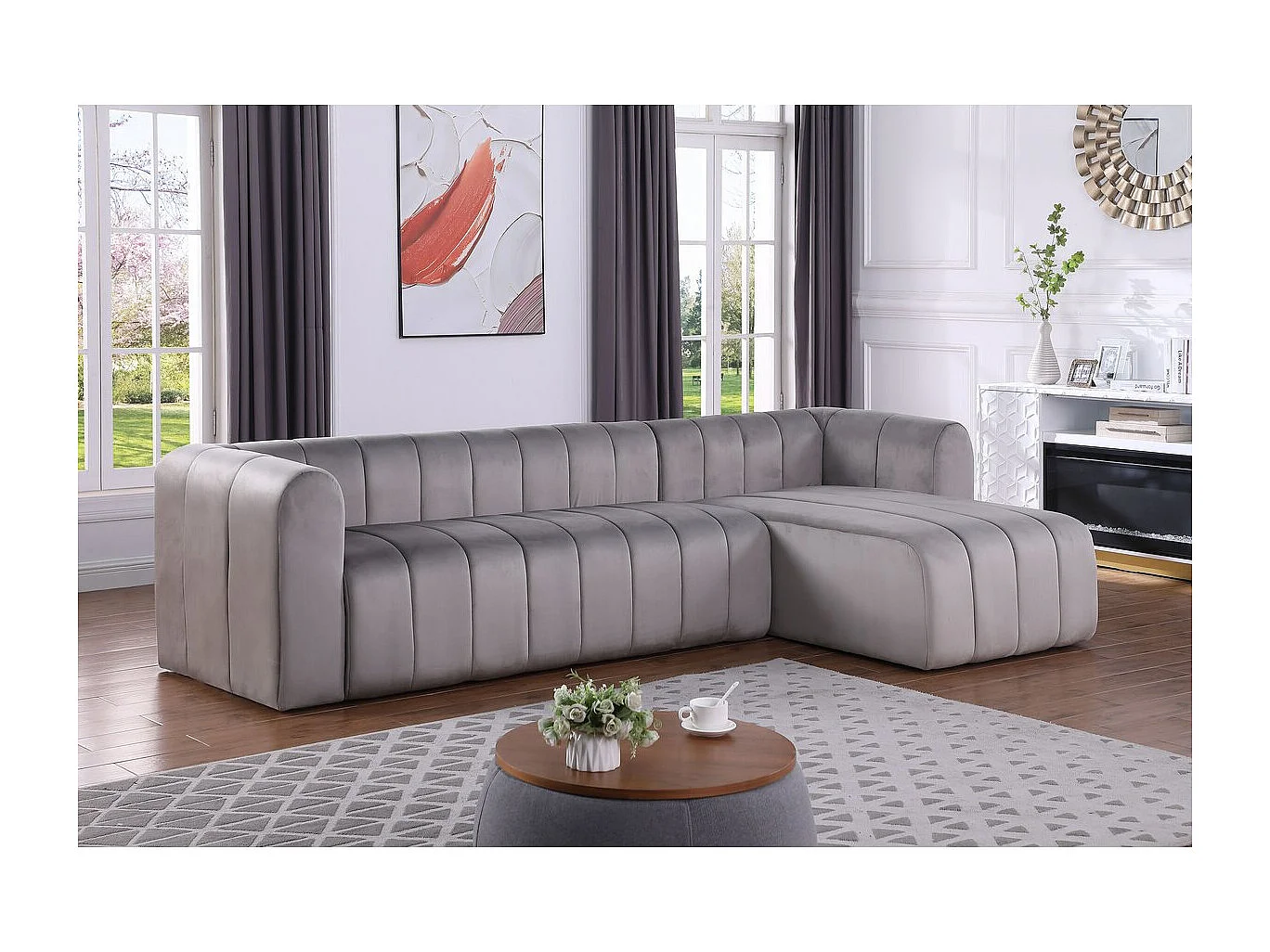 Sofá de canto de veludo "Victor Hugo" - 3 lugares - Cinza