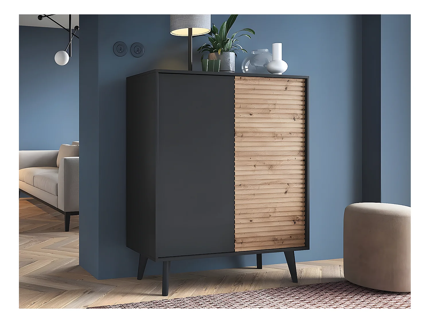 Commode en bois "Silas" Noir/Chêne artisanal - 2 portes