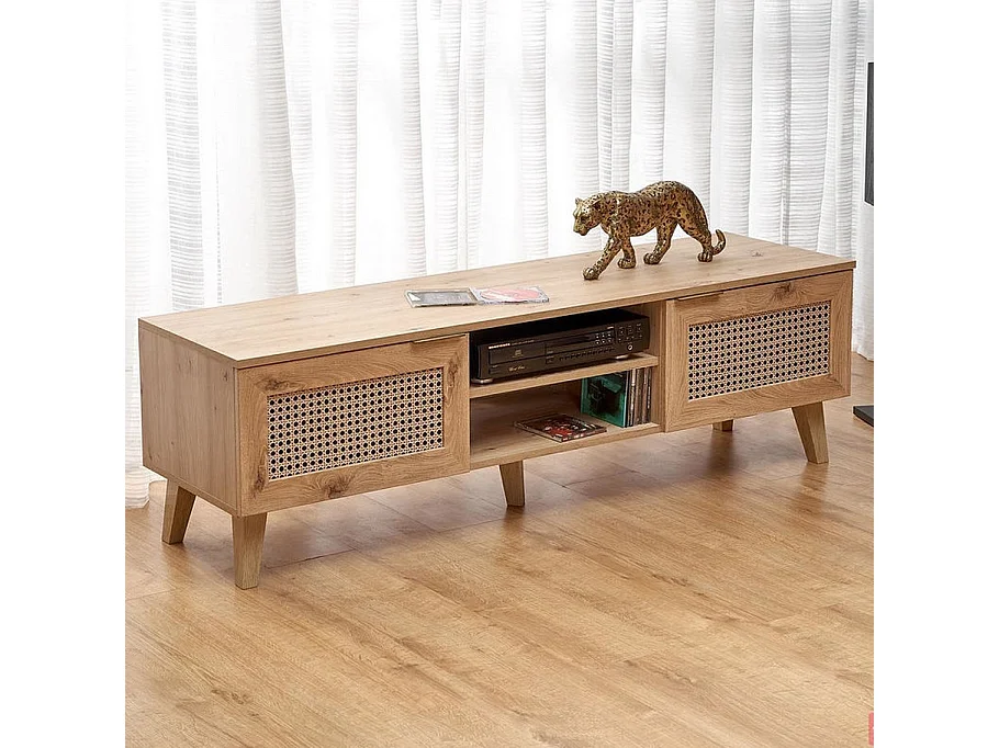 Mobile TV Kina in rovere naturale e rattan