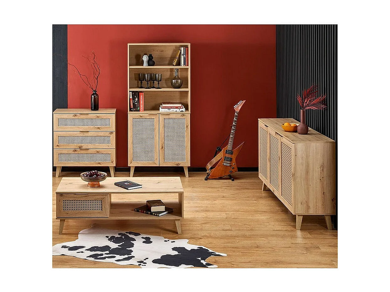 Mobile TV Kina in rovere naturale e rattan