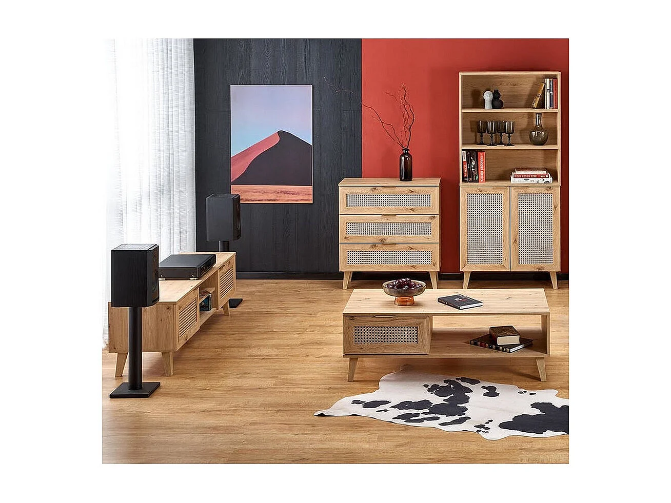 Tavolino Kina in rovere naturale e rattan