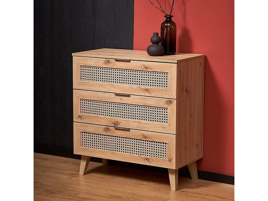 Commode 3 tiroirs aspect chêne naturel et rotin Kina