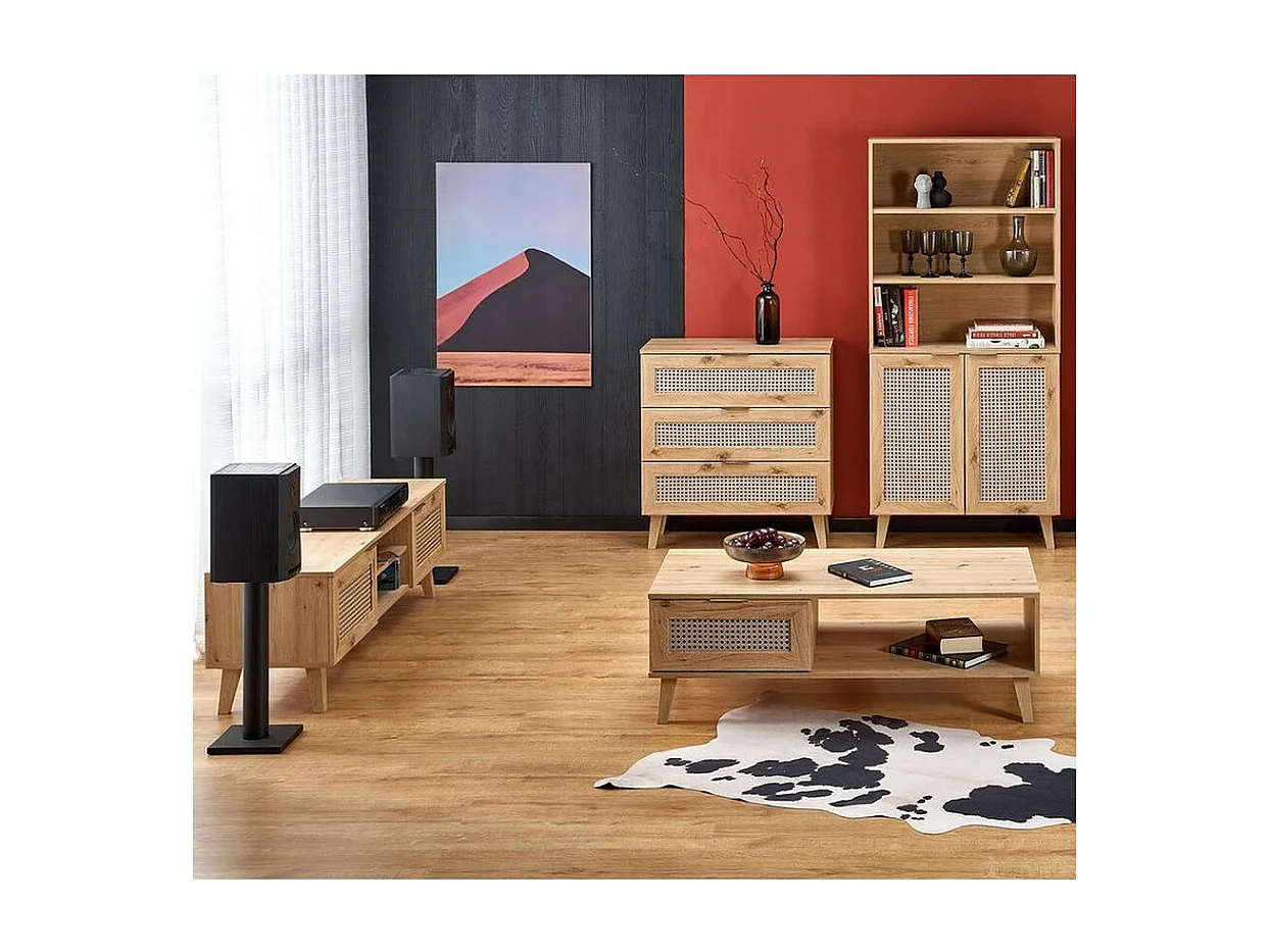 Commode 3 tiroirs aspect chêne naturel et rotin Kina