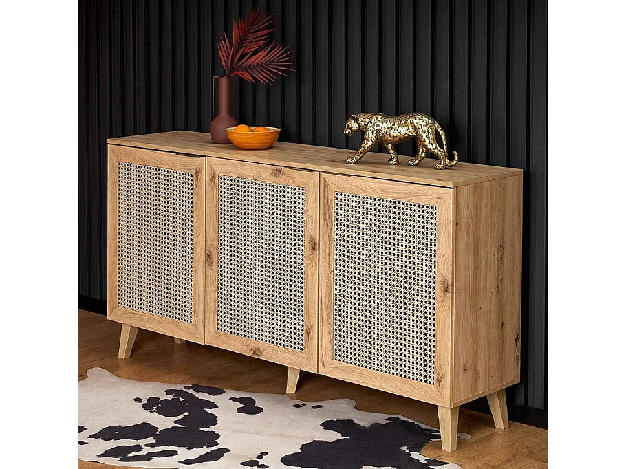 Buffet 3 portes aspect chêne naturel et rotin Kina