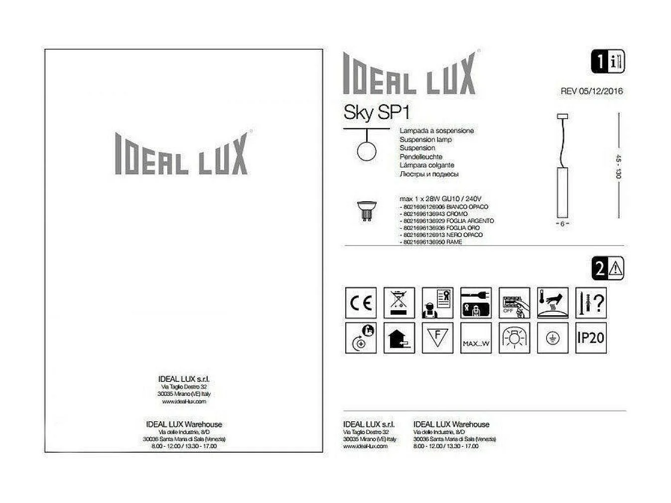 Ideal Lux Sky - 1 licht Slim Deckenanhänger Weiß, GU10
