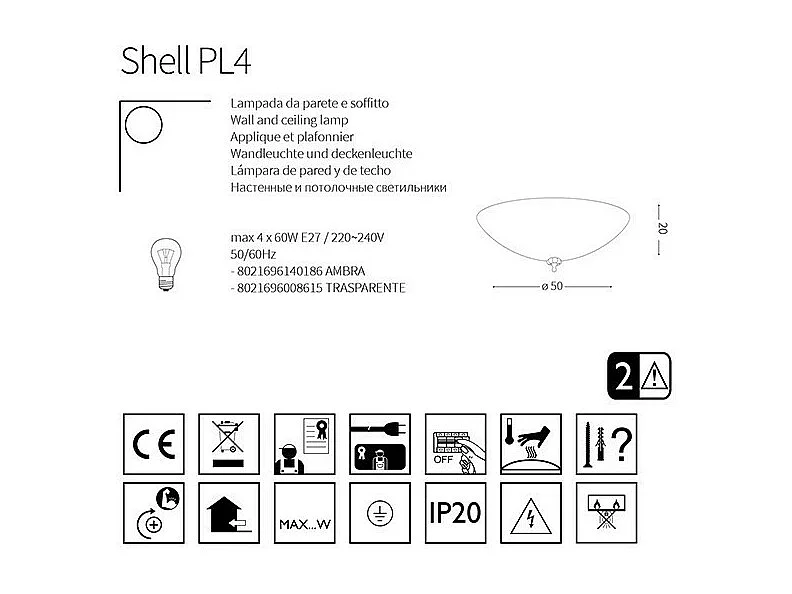 Ideal Lux Shell - Lámpara de techo / pared empotrada para interiores de 4 luces Dorada con vidrio ámbar, E27