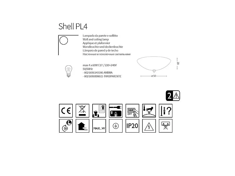 Ideal Lux Shell Plafonnier / Plafonnier Intérieur à 4 Lumières Or avec Verre Ambré, E27