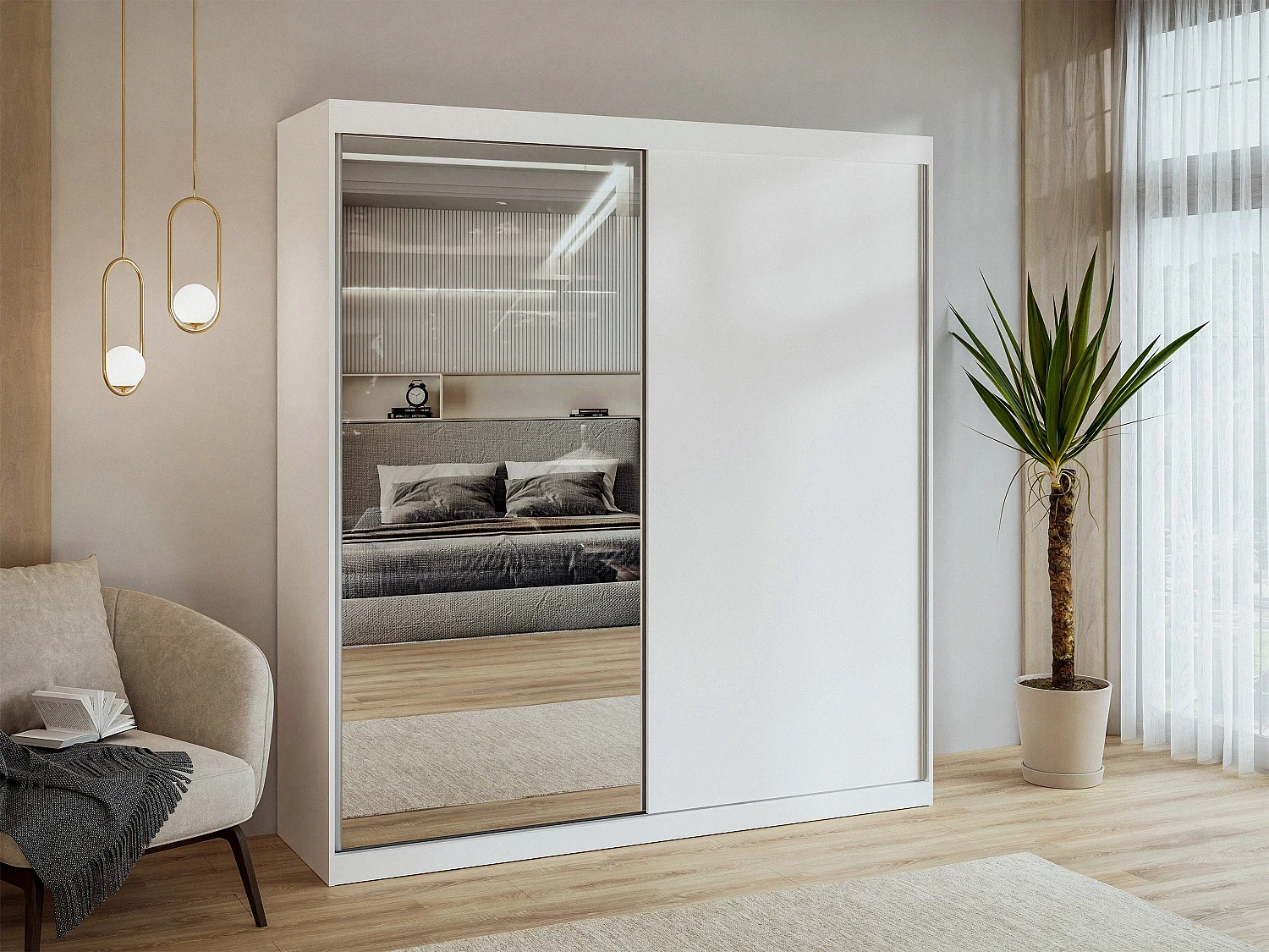 Armoire 2 portes coulissantes - Avec miroir - L200 cm - Blanc - OCHIRA